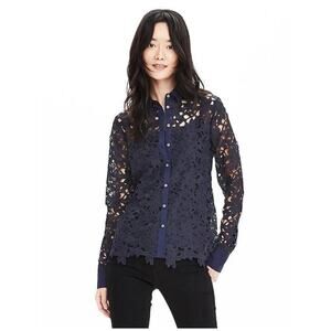 NWOT Banana Republic Womens Open Floral Lace Preppy Button Navy Blouse Large